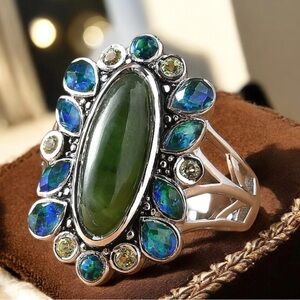 Sajen Silver Nephrite Jade ,peacock quartz and peridot 8.00 ctw Ring Size 10